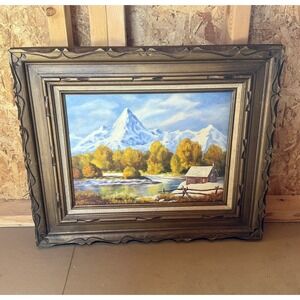 Vintage Framed Landscape Painting Mountain‎ Cabin Autumn Scene Signed Thomasson